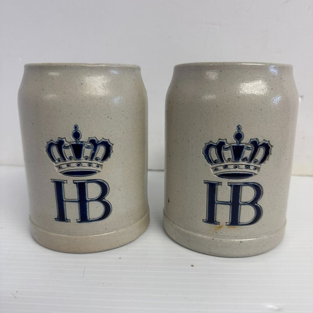 Vintage HB Hofbrauhaus Beer Stein Mug Blue Logo .5 L Stoneware W. Germany -R1201